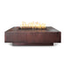 Dark brown hammered copper outdoor metal fire pits with lava rocks and flame on top