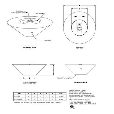Cazo 48" Hammered Copper Fire Pit - Wide Ledge Specs