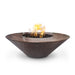 Brown tapered shaped Hammered copper round fire pits with flames over lava rocks