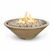 Brown outdoor tapered shaped round fire pit filled with lava rocks with flames on top