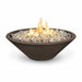 Dark brown outdoor tapered shaped round fire pit filled with lava rocks with flames on top