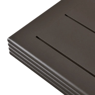 Close view of dark brown outdoor corner side table on a white background.