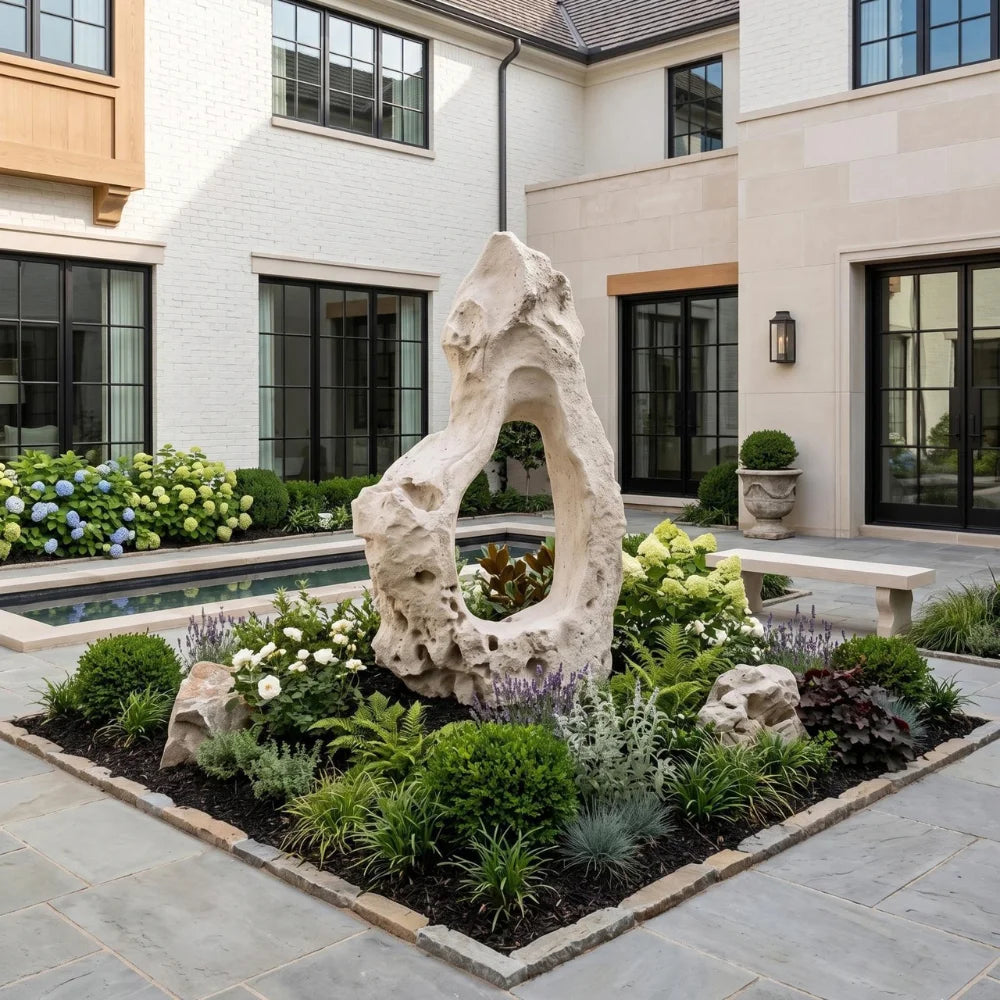 Colossal Cast Stone Single-Hole Sculpture among flowers and greenery in a landscaped courtyard beside a pool.