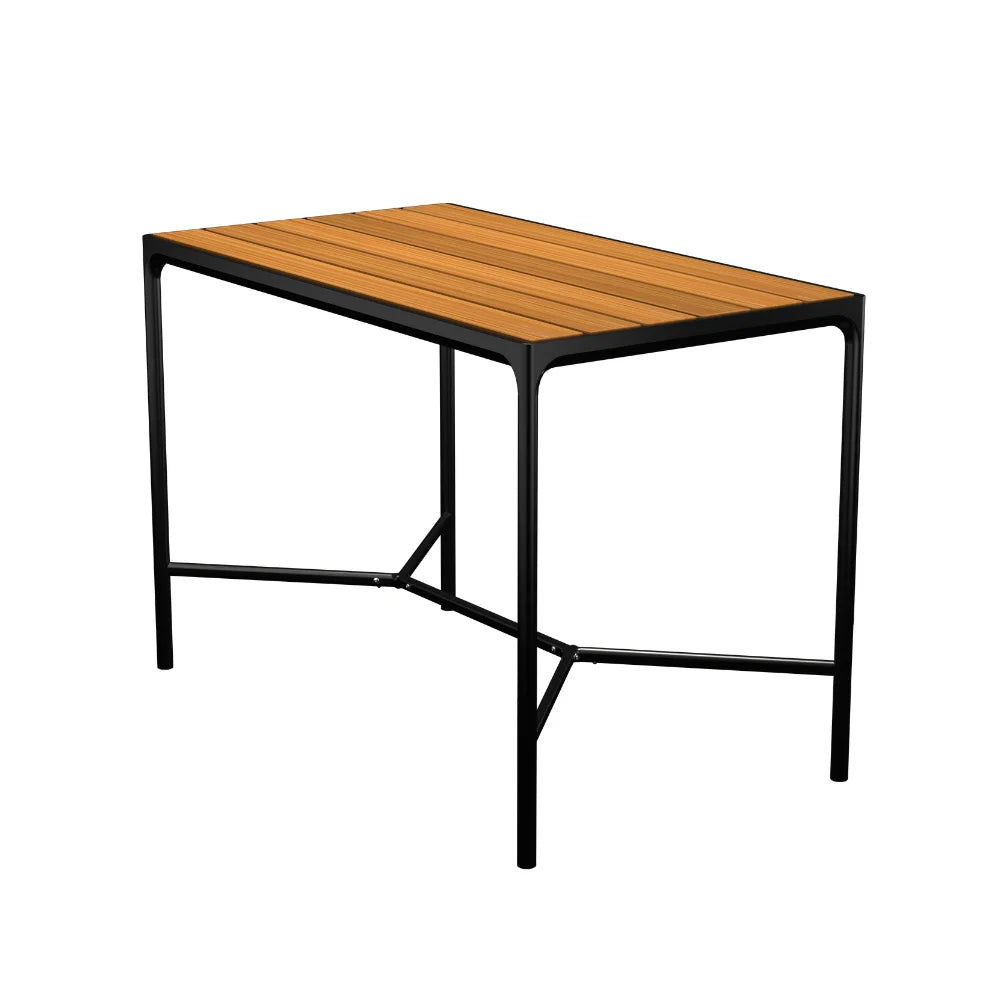 Rectangular outdoor bar table with wooden top on a white background