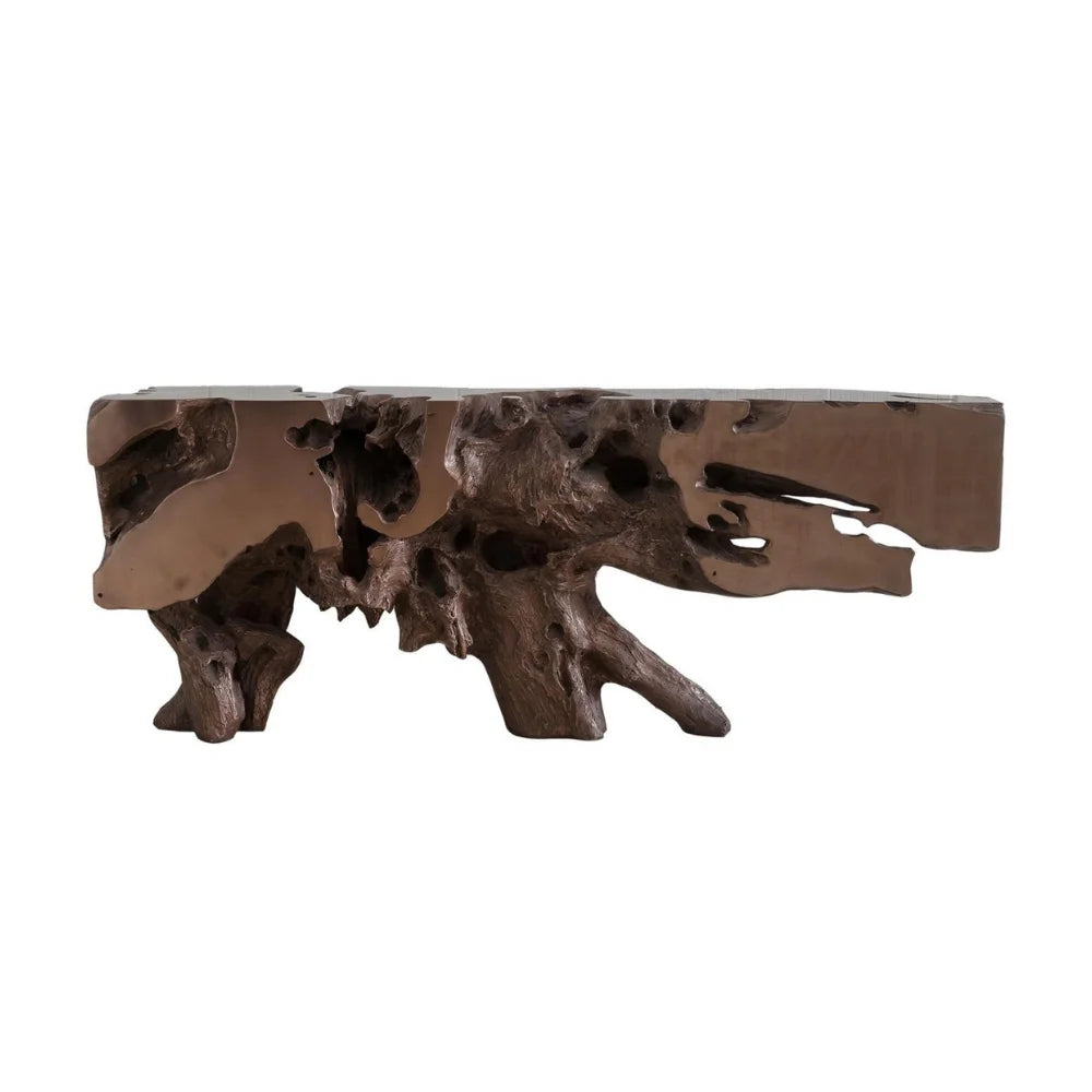 A rustic, organic-shaped wooden outdoor console table made from natural tree roots with a dark brown finish, shown against a plain white background.