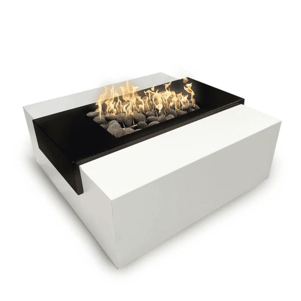 Black and white square metal powdered coated fire pit table with flames burning over lava rocks