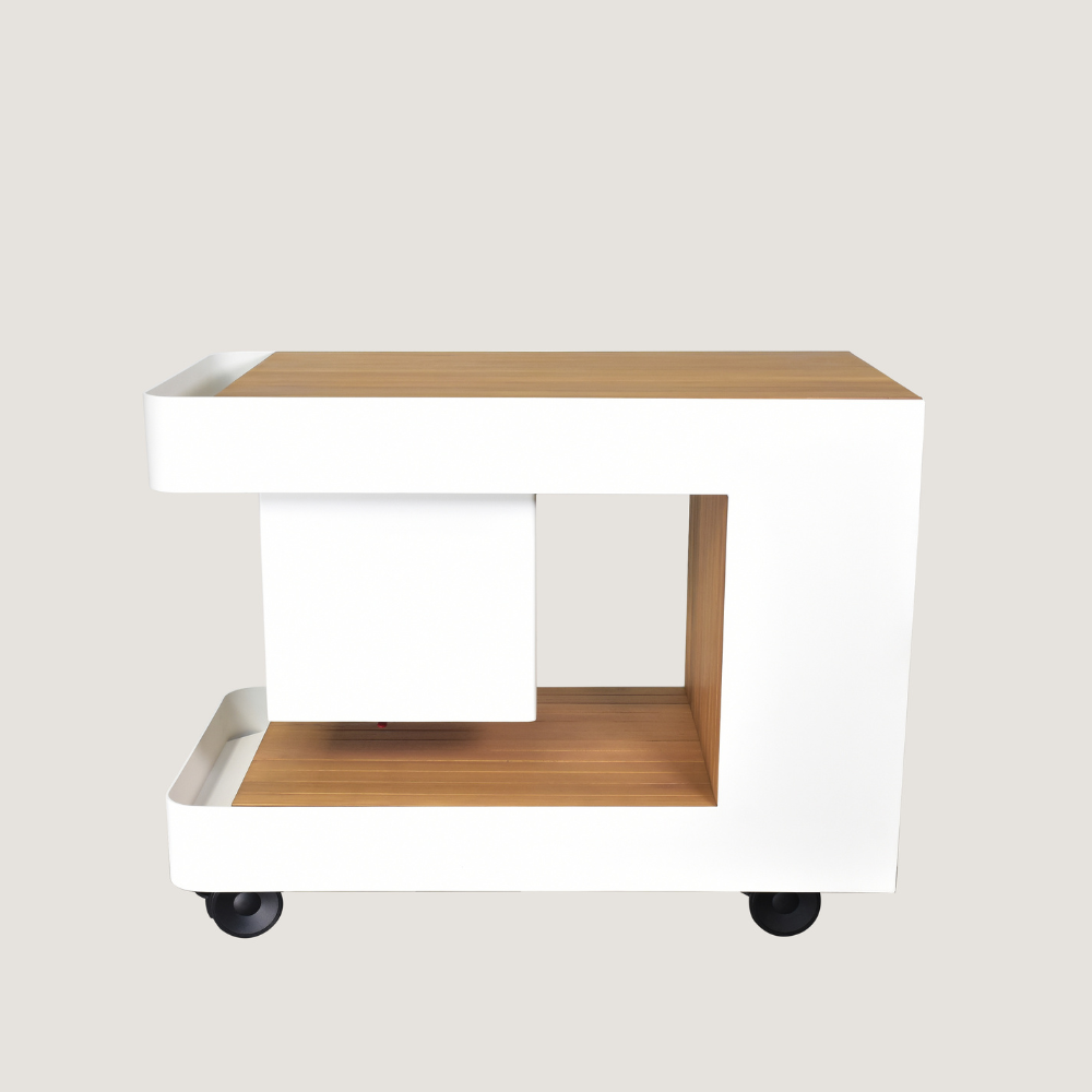 Two-toned wooden shelf with wheels on a light gray background