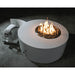 White round outdoor metal powdered coated fire pit with hidden propane tank placed on a concrete floor
