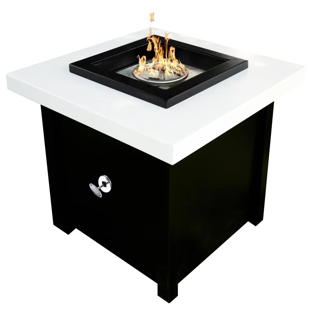 Black and white square outdoor metal powdered coated fire pit table with flames emerging from its stainless-steel burner