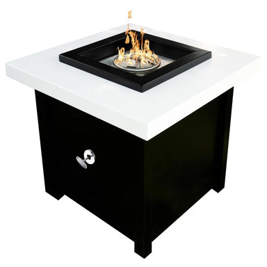 Black and white square outdoor metal powdered coated fire pit table with flames emerging from its stainless-steel burner