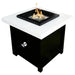 Black and white square outdoor metal powdered coated fire pit table with flames emerging from its stainless-steel burner