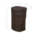 A dark brown faux wood log cylindrical side table with overlaid dimension lines showing a height of 17 inches and a top diameter of 11 inches on a white background.