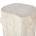 A rustic faux wood stump side table or stool with a textured, light beige concrete-like finish, shown against a plain white background.