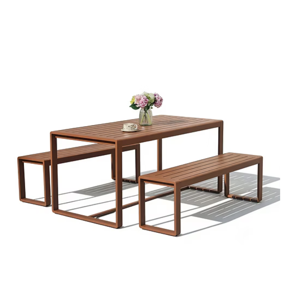 Brown aluminum outdoor picnic table and bench set with decorative flower vase, on a white background