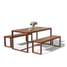 Brown aluminum outdoor picnic table and bench set with decorative flower vase, on a white background