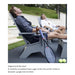 Two men reclining in gray outdoor lounge chairs on a patio, with a tennis racket, bottle, and tennis balls in the foreground. Text below reads: 'Aligned and Reclined A carefully considered back angle strikes the perfect balance between upright and reclined.