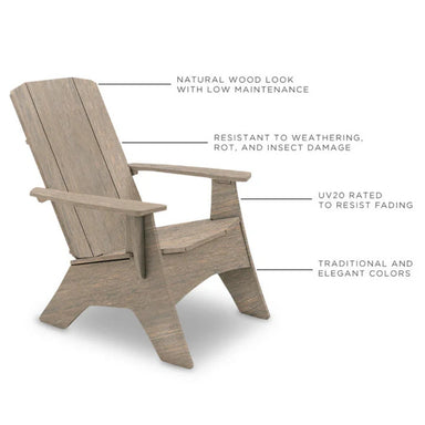 A light grayish wood outdoor Adirondack chair shown on a white background with callout lines and text describing its natural wood look, weather resistance, UV20 rating, and traditional elegant color.