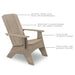A light grayish wood outdoor Adirondack chair shown on a white background with callout lines and text describing its natural wood look, weather resistance, UV20 rating, and traditional elegant color.