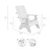 White outdoor Adirondack chair shown with dimension callouts and inset close-ups on a light gray background.