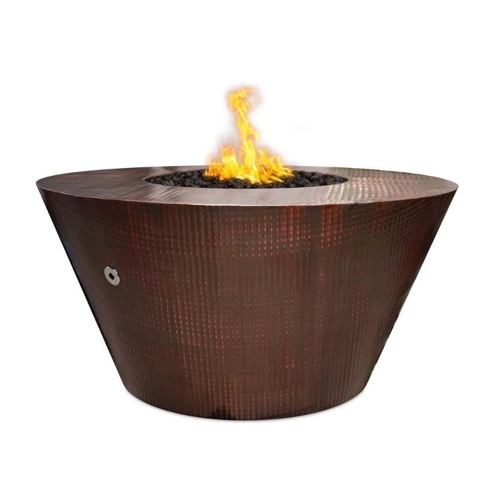 Dark brown hammered copper tapered shaped round fire pits with flames on top