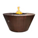 Dark brown hammered copper tapered shaped round fire pits with flames on top