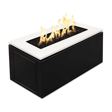 Black and white rectangular outdoor metal powdered coated fire pit with lava rocks and flames on top