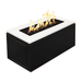 Black and white rectangular outdoor metal powdered coated fire pit with lava rocks and flames on top