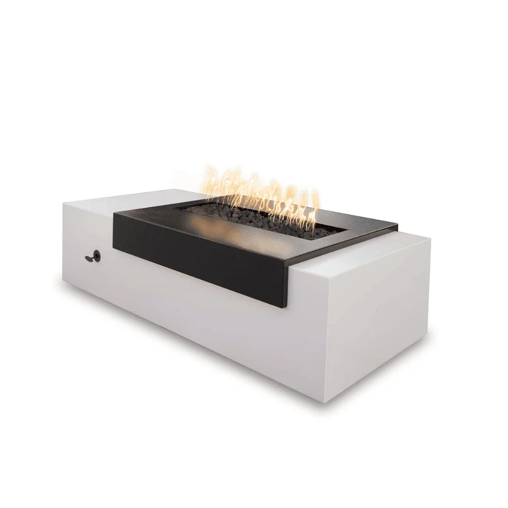Black and white rectangular outdoor metal powdered coated fire pit table with flames over lava rocks