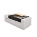 Black and white rectangular outdoor metal powdered coated fire pit table with flames over lava rocks