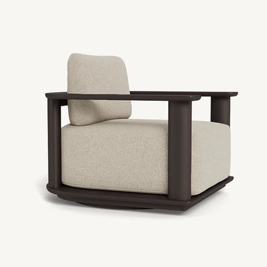 A swivel lounge chair with a brown aluminum frame and a soft beige upholstered seat, perfect for adding elegance to any space.