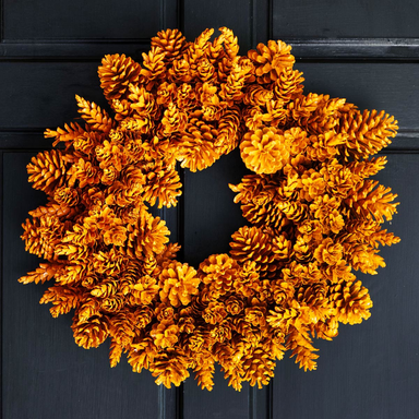 Orange pinecone wreath on a black door