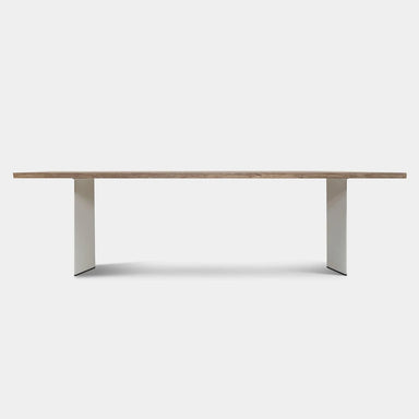 Pure Dining Table. Aluminum white frame. Teak table top. Width (in)	39.38 Depth (in)	102.37 Height (in)	295.28 Weight (lb)	121.26