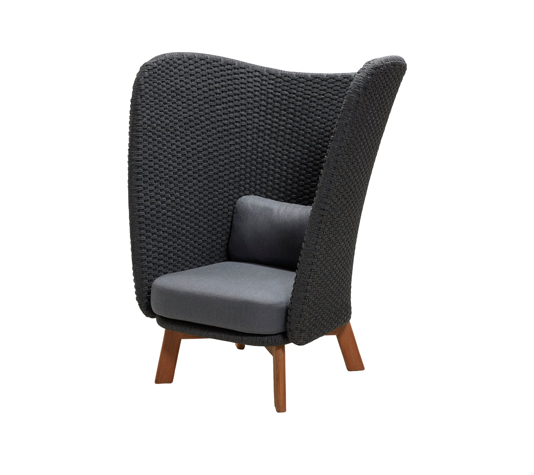 Boxhill's Peacock dark grey outdoor wing highback chair with grey cushion front side view on white background