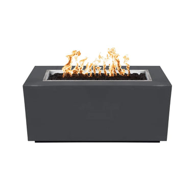 Gray outdoor rectangular metal powdered coated fire pit table with flames over lava rocks