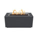 Gray outdoor rectangular metal powdered coated fire pit table with flames over lava rocks