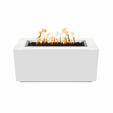 White outdoor rectangular metal powdered coated fire pit table with flames over lava rocks