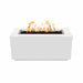 White outdoor rectangular metal powdered coated fire pit table with flames over lava rocks