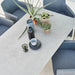 Boxhill's Pure light grey aluminum outdoor dining table with plants, plates and cup on it, and grey outdoor dining chairs