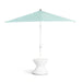 A mint green patio umbrella with a white pole and a white pedestal base, shown against a solid white background.