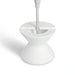 A white modern in-pool side table that is opened to show the umbrella hole and how it is attached.