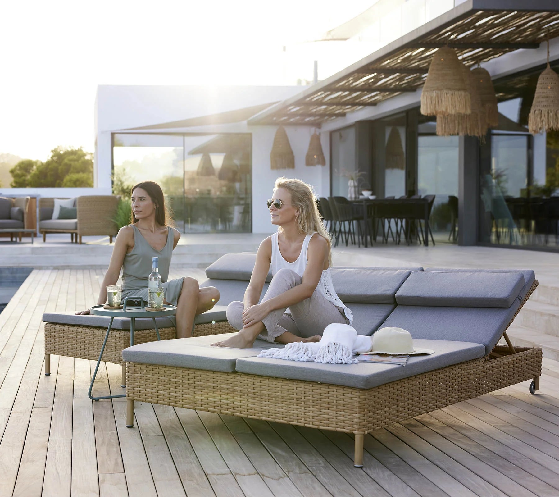  Boxhill's Rest weave outdoor chaise lounge | double sunbed with weave single chaise lounge and 2 women sitting on it
