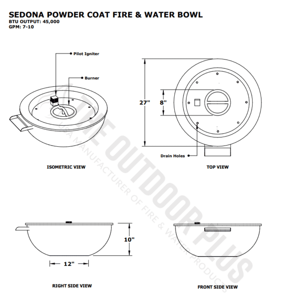 Sedona Powder Coated Fire & Water Bowl Specs