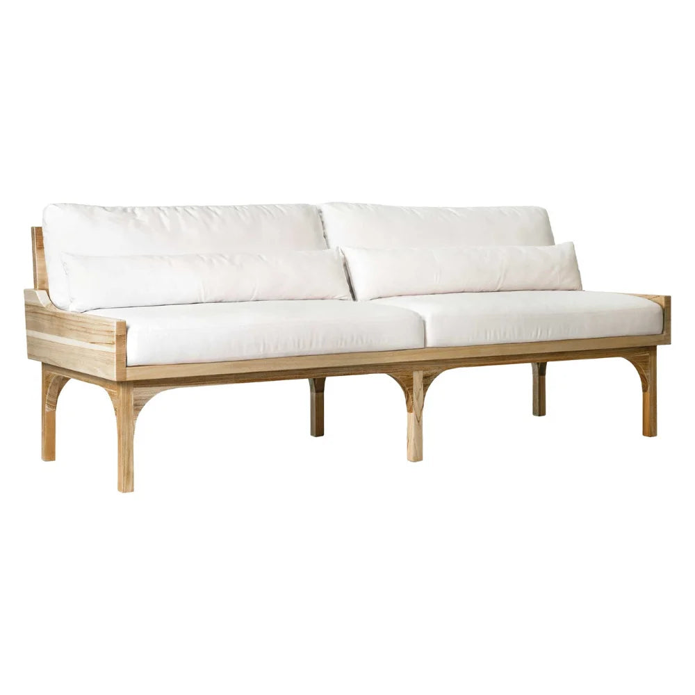 Wooden outdoor sofa with white cushions on a white background