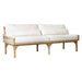 Wooden outdoor sofa with white cushions on a white background