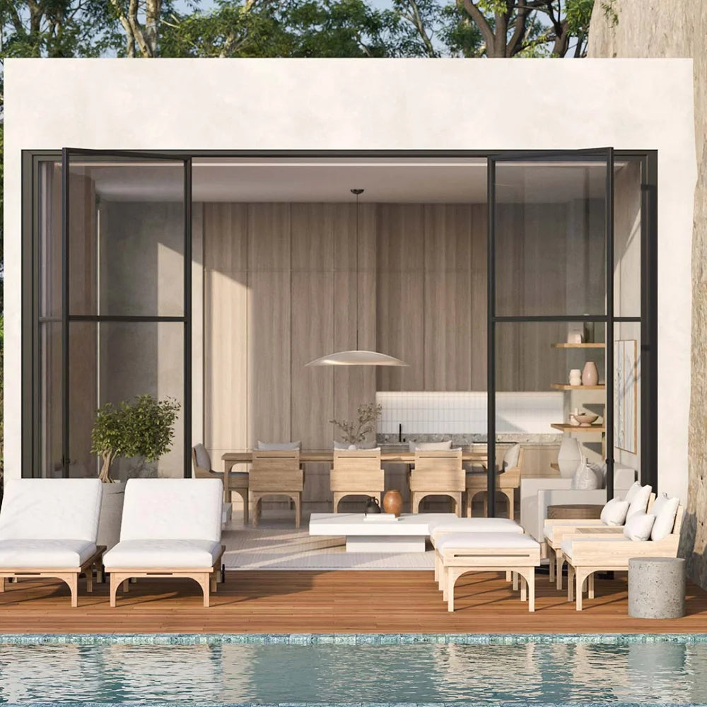 Modern outdoor patio with furniture and pool area