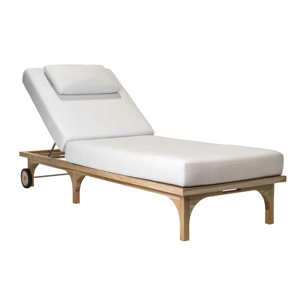 White cushioned sun lounger with wooden frame and wheel accent.