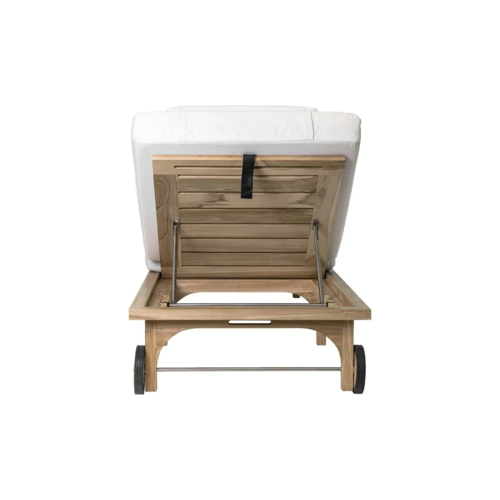 Wooden lounge chair with white showing it detachable backrest design. 