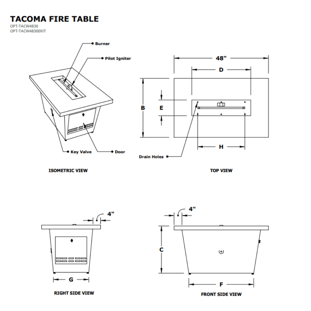 Tacoma Metal Powder Coated Fire Pit Table Specs