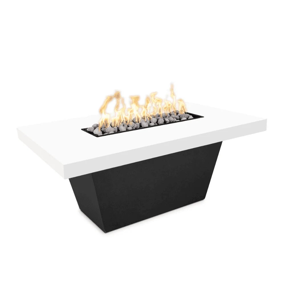 Black and white rectangular metal powdered coated fire pit table with lava rocks and flames on top