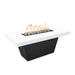 Black and white rectangular metal powdered coated fire pit table with lava rocks and flames on top